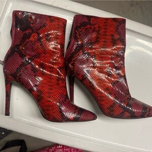 Red Snake Print Stiletto Ankle Boots